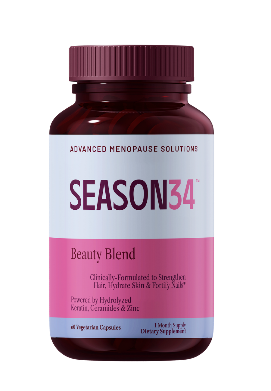 SEASON34 Beauty Blend bottle, hormone-free menopause hair, skin, and nails supplement with keraGEN-IV keratin peptides.