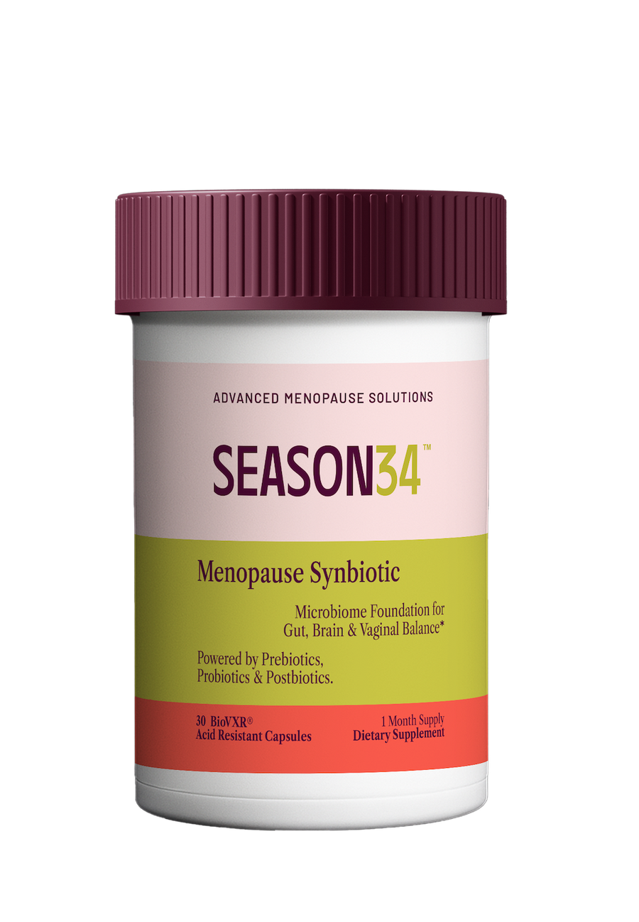 SEASON34 Menopause Synbiotic bottle, daily prebiotic, probiotic, and postbiotic formula for menopause vaginal and gut microbiome support.