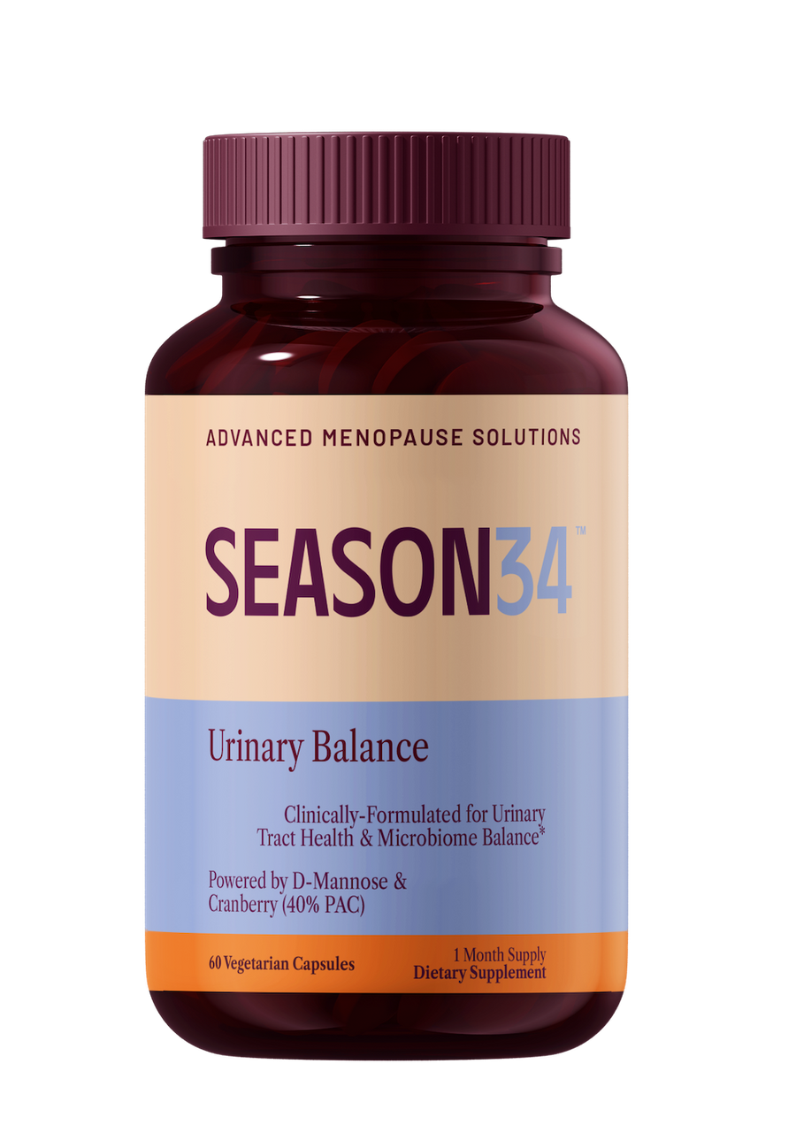 SEASON34 Urinary Balance bottle, non-hormonal menopause urinary tract support supplement.