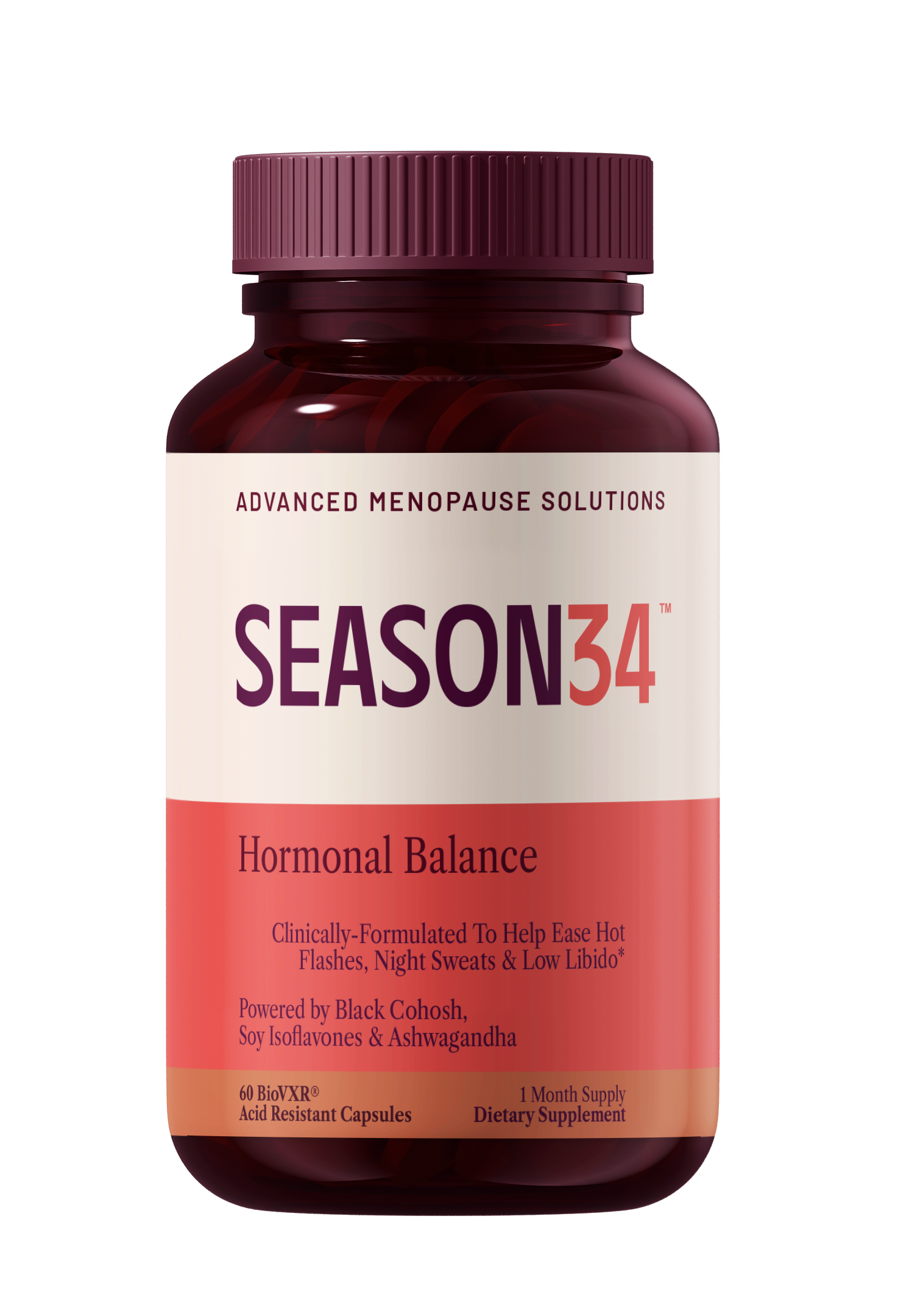 SEASON34 Hormonal Balance bottle, hormone-free menopause supplement.