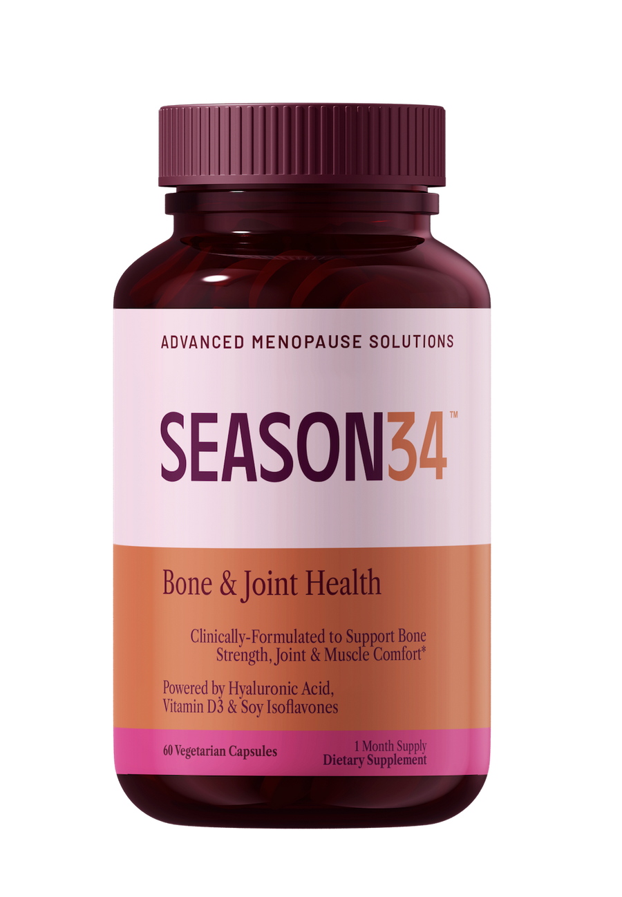SEASON34 Bone & Joint Health bottle, hormone-free menopause bone mineral and joint comfort supplement with Veri-te™ resveratrol and Hyaluronic Acid.