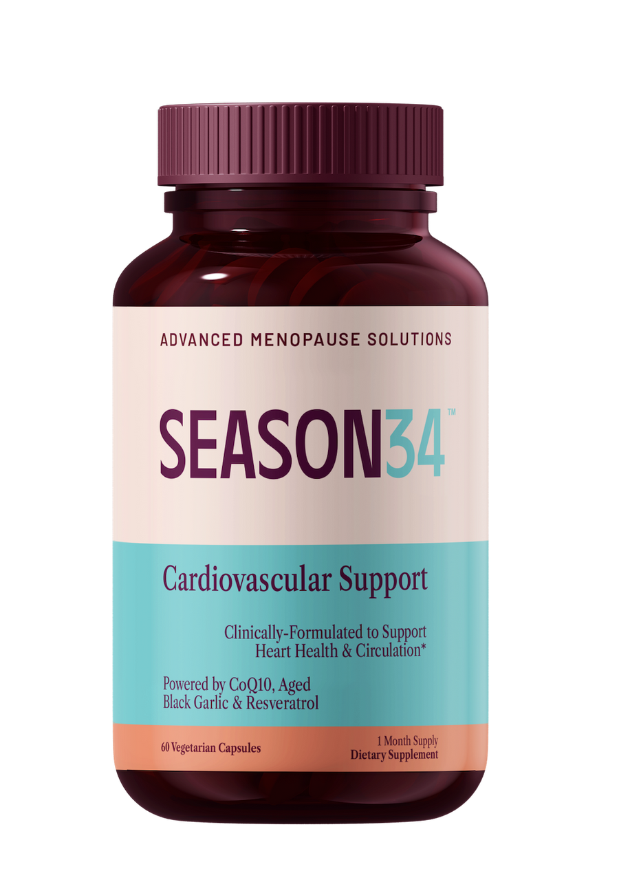 SEASON34 Cardiovascular Support bottle, non-hormonal menopause heart and cognitive support supplement with Veri-te™ resveratrol.