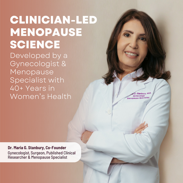 Woman in a white coat with text about clinician-led menopause science and a gynecologist's credentials.