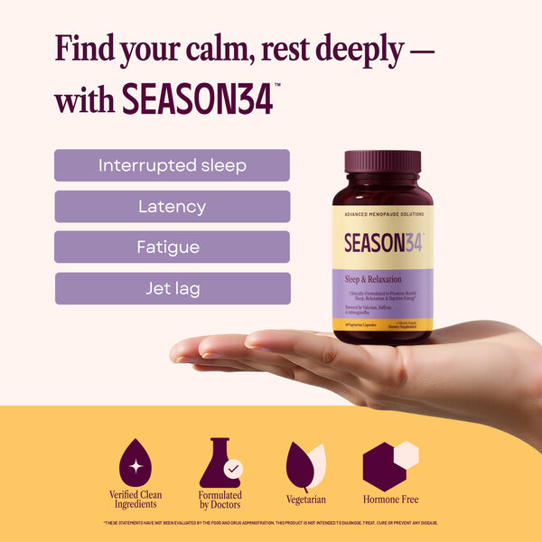 Promotional image of SEASON34 supplement bottle held in a hand with product features listed.