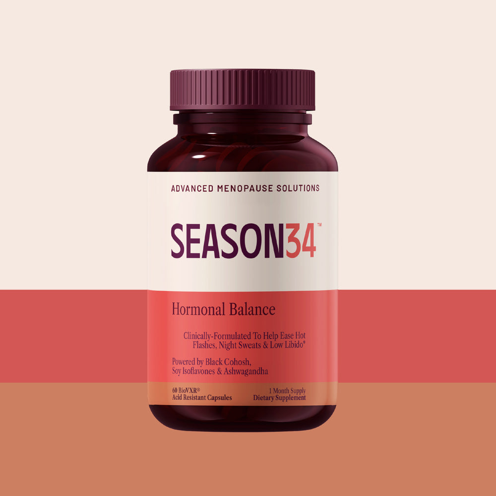 Supplement bottle labeled 'SEASON34' on a two-tone background