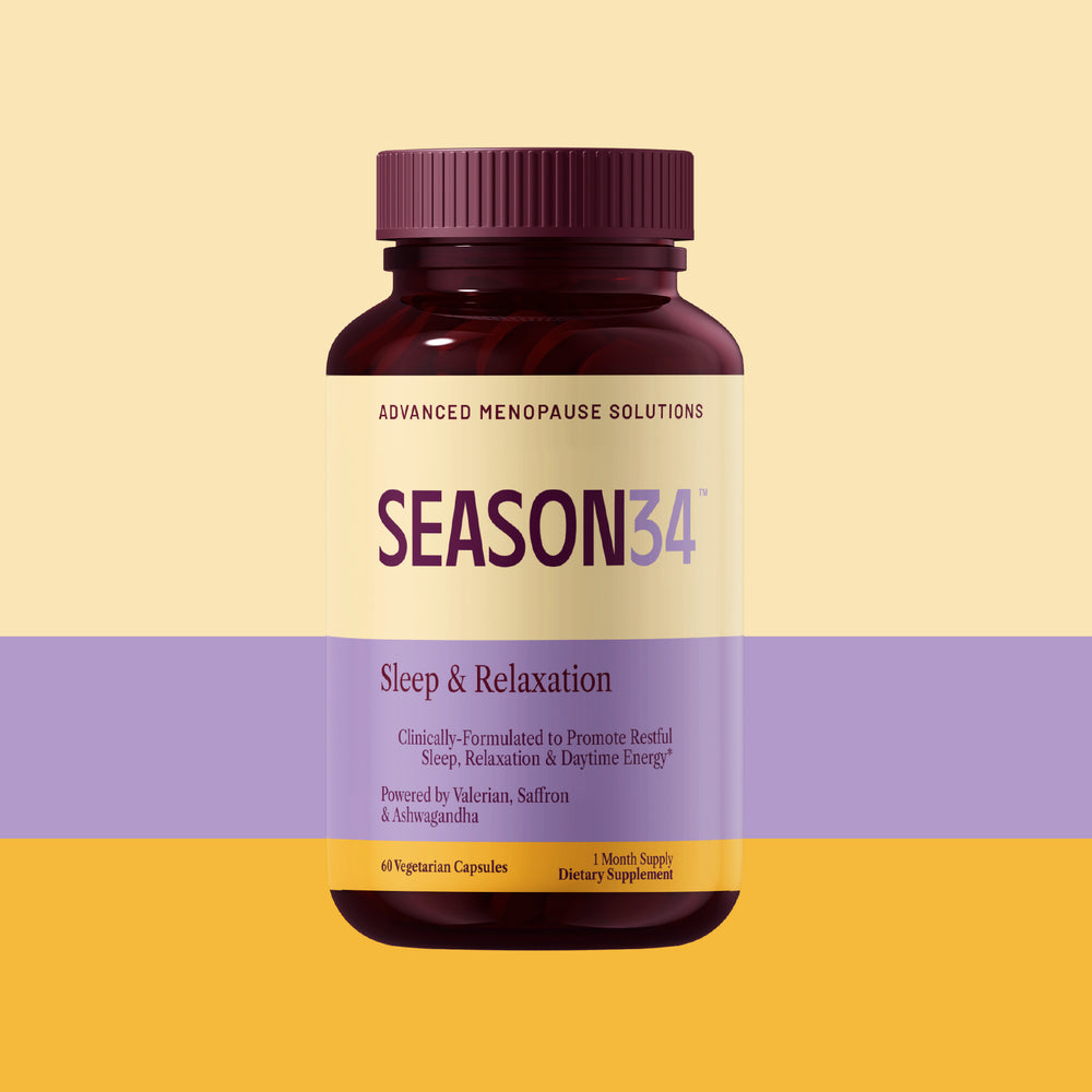 Bottle of Season34 Sleep and RelAxation one month supply on a two-tone yellow and purple background
