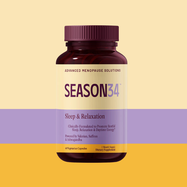Bottle of Season34 Sleep and RelAxation one month supply on a two-tone yellow and purple background