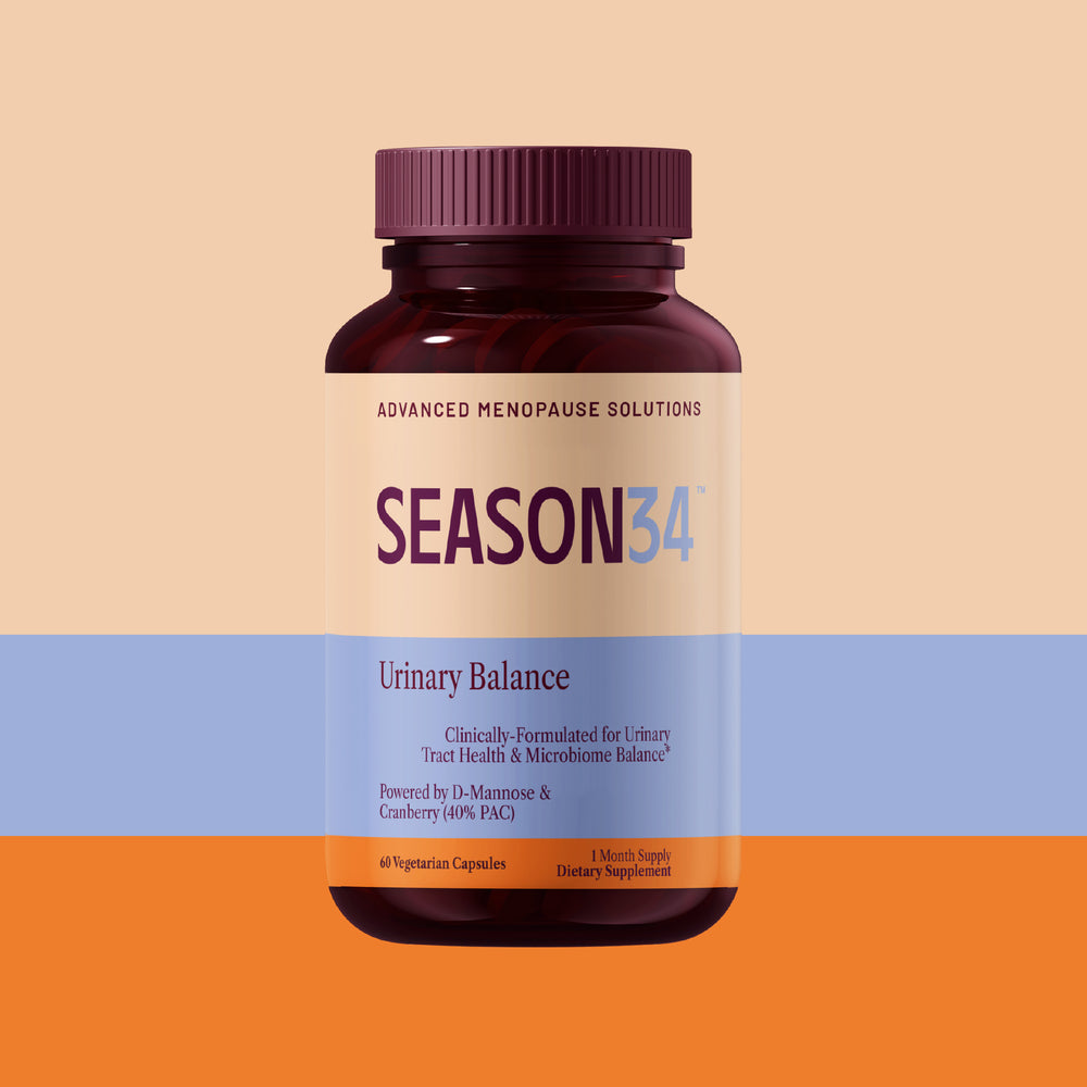 Supplement bottle labeled 'Season34' on a multicolored background