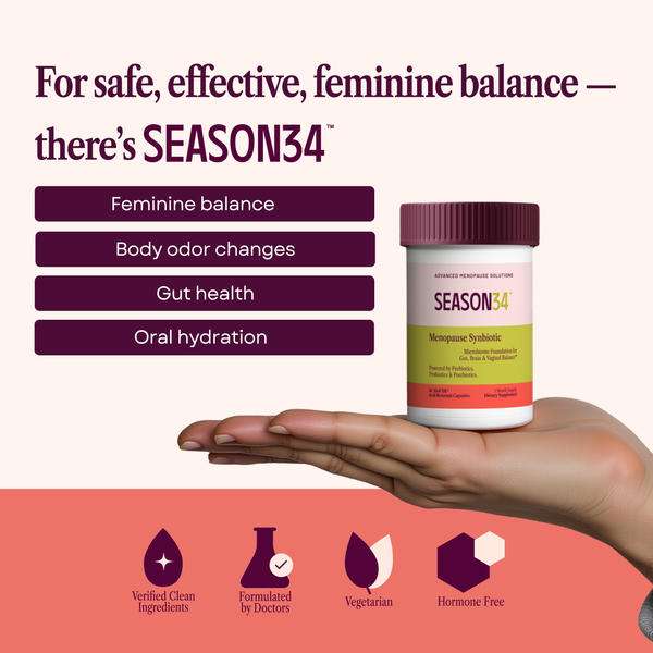 SEASON34 supplement bottle held in a hand with product features listed on a white background