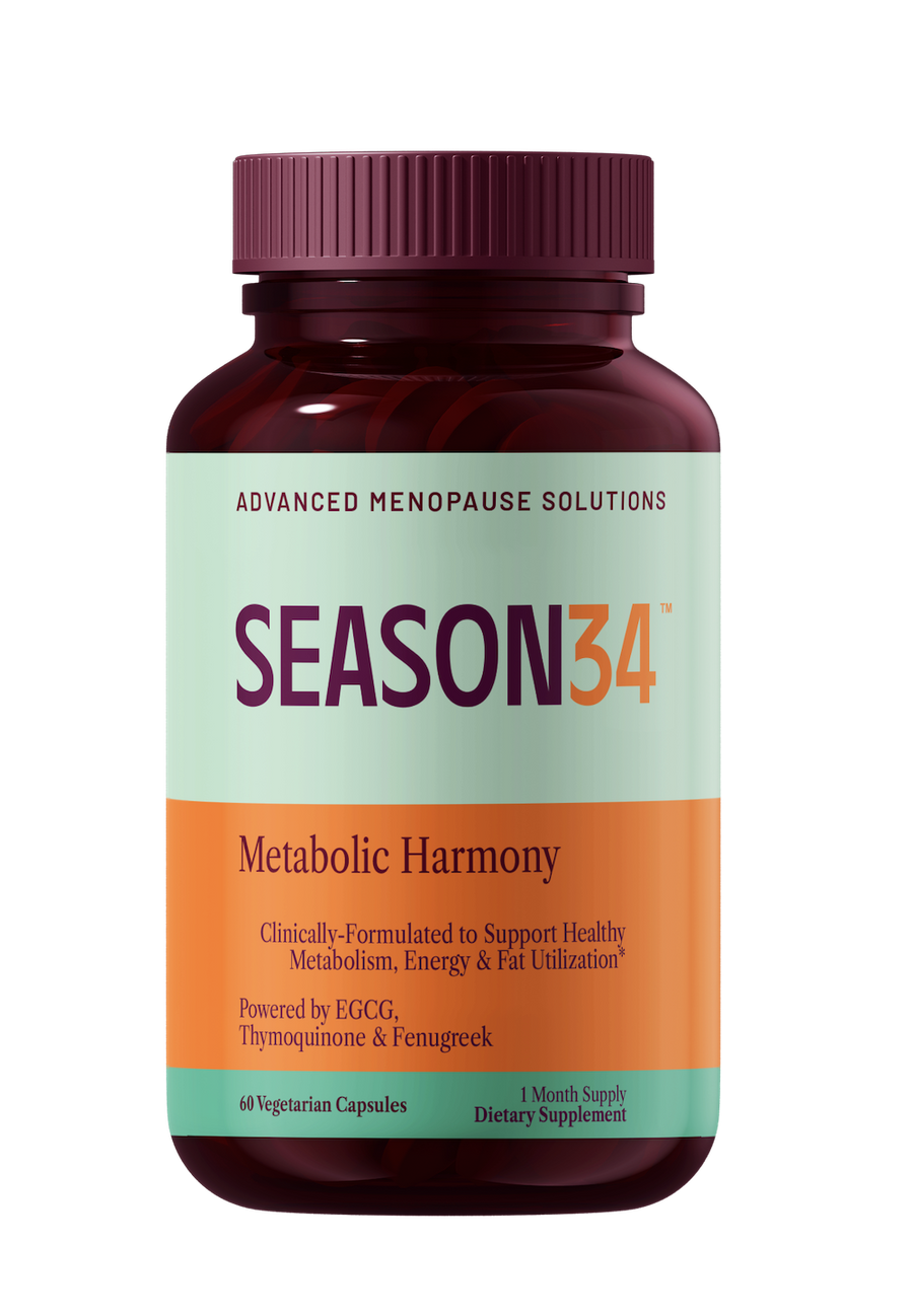 SEASON34 Metabolic Harmony bottle, hormone-free and stimulant-free menopause metabolic supplement.