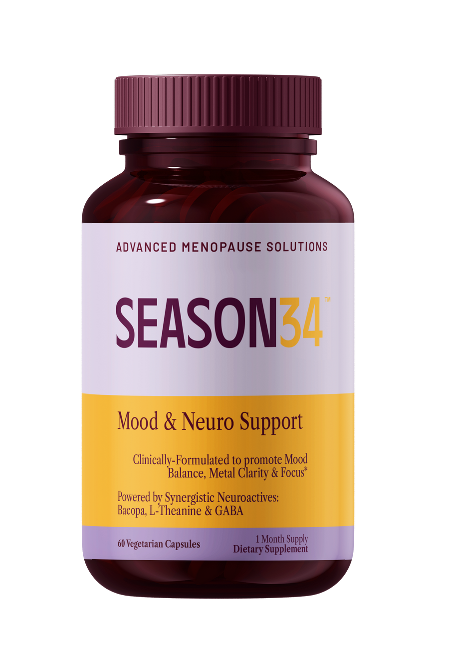 SEASON34 Mood & Neuro Support bottle, hormone-free and drug-free menopause mood and memory supplement.