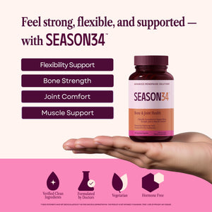 SEASON34 supplement bottle held in a hand with product features listed on a white background
