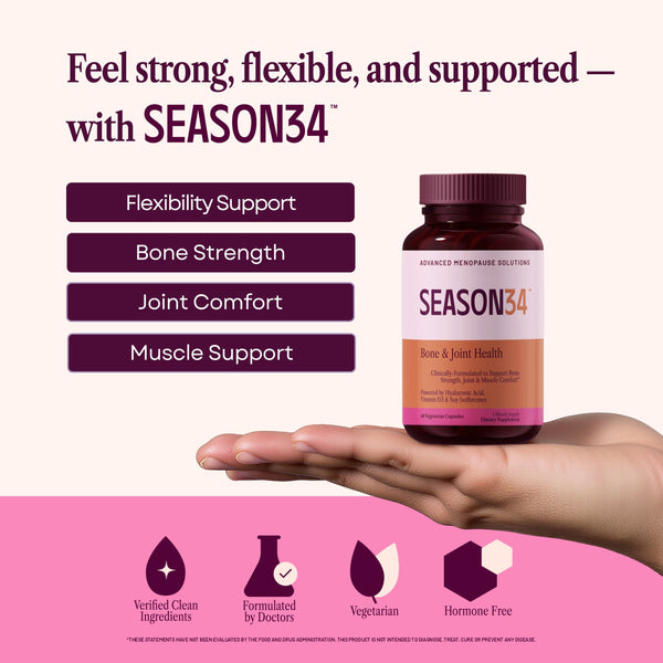 SEASON34 supplement bottle held in a hand with product features listed on a white background