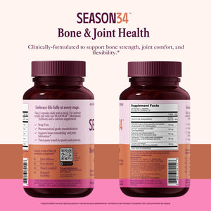 Two bottles of Season34 Bone & Joint Health supplement on a pink and brown gradient background.