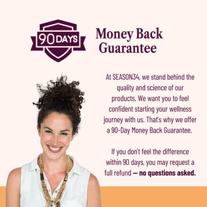 Promotional graphic with a woman and text about a 90-day money-back guarantee from Season34.