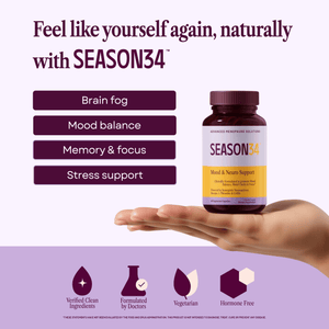 SEASON34 supplement bottle held in a hand with product features listed on a light purple background