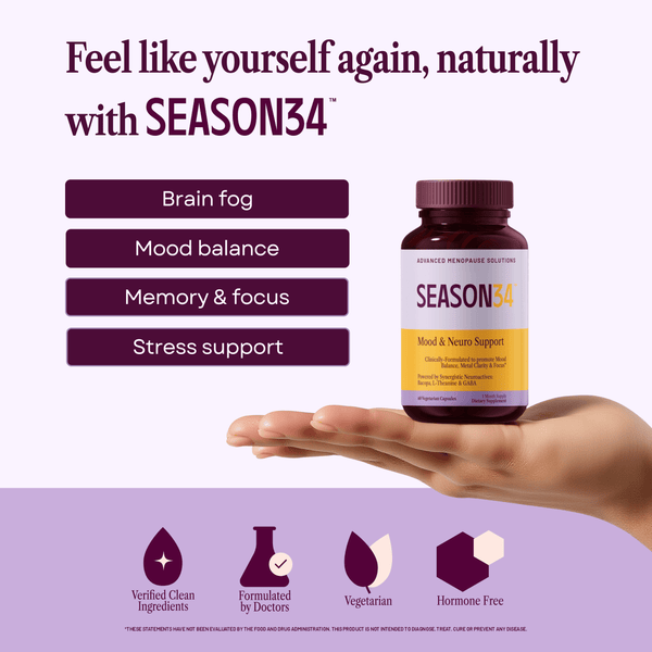 SEASON34 supplement bottle held in a hand with product features listed on a light purple background