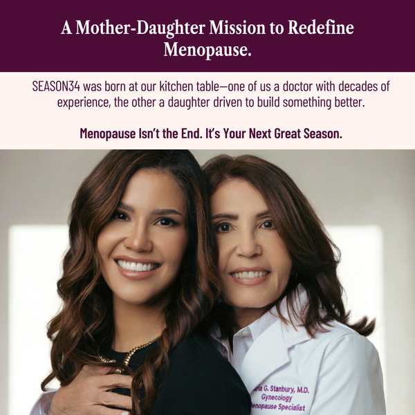 Two women, one in a white lab coat and the other in a black outfit, with text about a mother-daughter mission to redefine menopause.