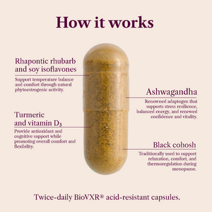 Capsule with labeled ingredients on a beige background