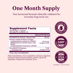 Supplement label with 'One Month Supply' and certification logos on a light pink background