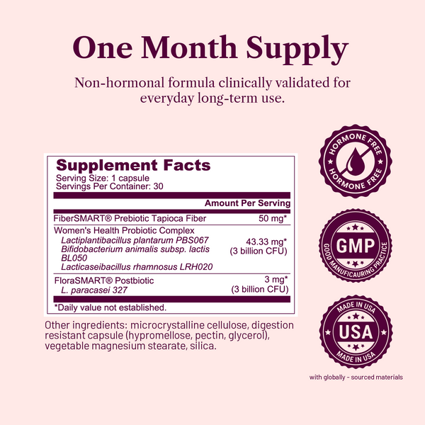 Supplement label with 'One Month Supply' and certification logos on a light pink background