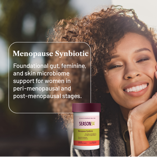 Menopause synbiotic supplement bottle with a colorful background