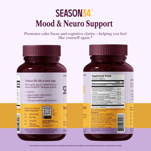 Two bottles of Season34 Mood & Neuro Support supplement on a white background