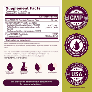 Supplement label with fiber content, probiotic details, and certification logos on a green background.