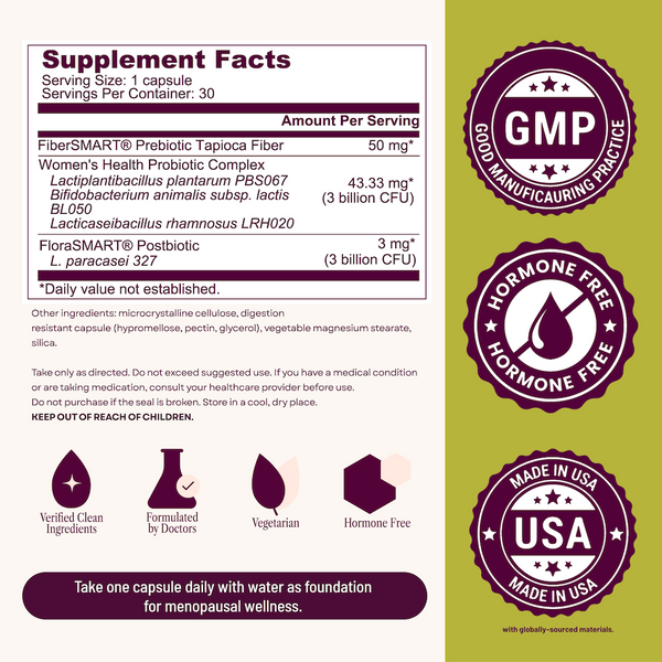 Supplement label with fiber content, probiotic details, and certification logos on a green background.