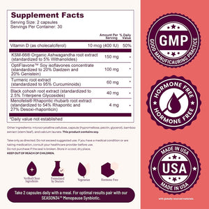 Supplement label with ingredients and certification logos on a red background