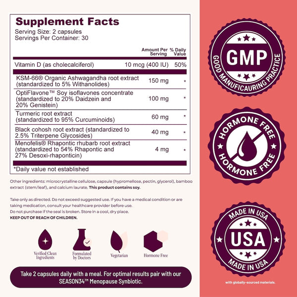 Supplement label with ingredients and certification logos on a red background