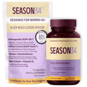 Supplement bottle and packaging for Season34 sleep regulation system on a white background