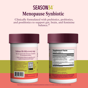 Menopause synbiotic supplement containers with label details on a multicolored background
