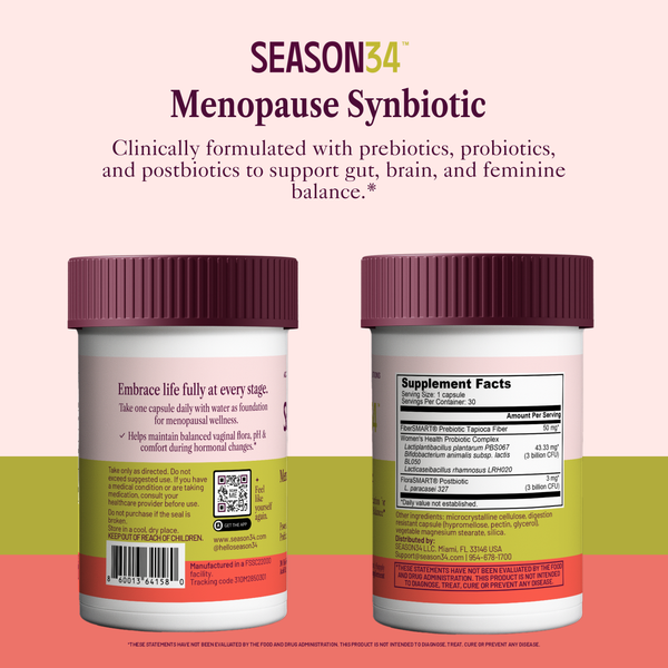 Menopause synbiotic supplement containers with label details on a multicolored background