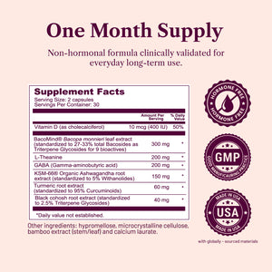 Supplement label with ingredient list and certification logos on a light pink background
