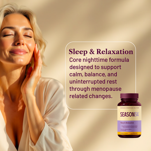 Woman with closed eyes and a serene expression, next to a bottle labeled 'Season34 Sleep & Relaxation' on a warm beige background.