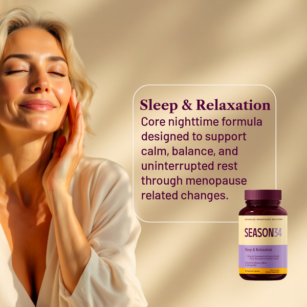 Woman with closed eyes and a serene expression, next to a bottle labeled 'Season34 Sleep & Relaxation' on a warm beige background.