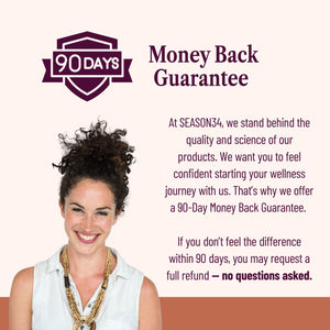 Promotional graphic with a woman and text about a 90-Day Money Back Guarantee from SEASON34.