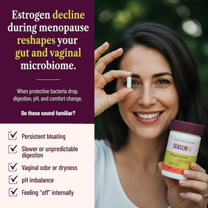 Woman holding a supplement bottle with text about menopause symptoms and gut health.