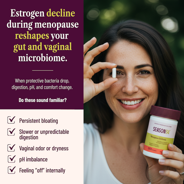 Woman holding a supplement bottle with text about menopause symptoms and gut health.