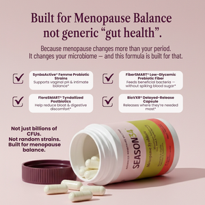 Probiotic supplement container with text about menopause balance on a pink background