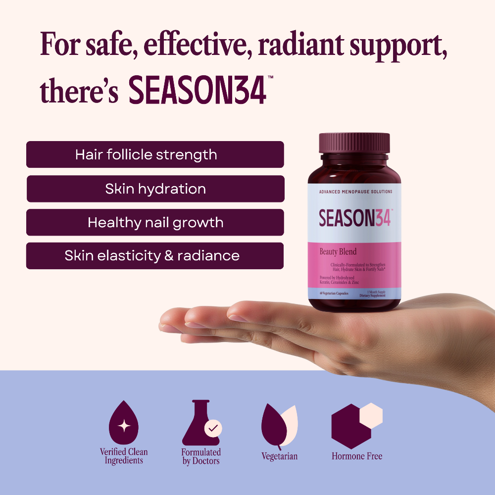 Supplement bottle labeled 'Season34 Beauty Blend clinically-formulated to strengthen hair, Hydrate skin and Fortify Nails' on a two-tone pink and purple background