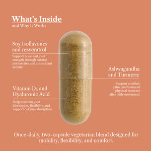 Capsule with ingredients labeled on a peach background