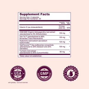 Supplement label with benefits on a pink background