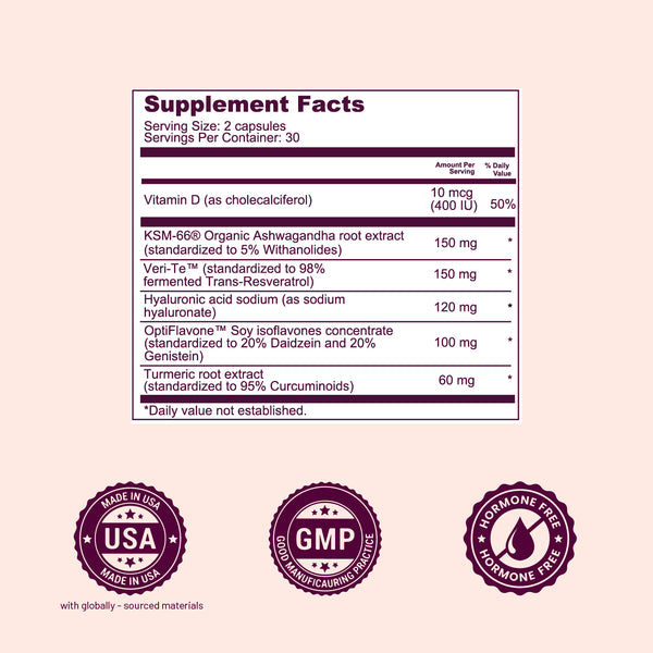 Supplement label with benefits on a pink background