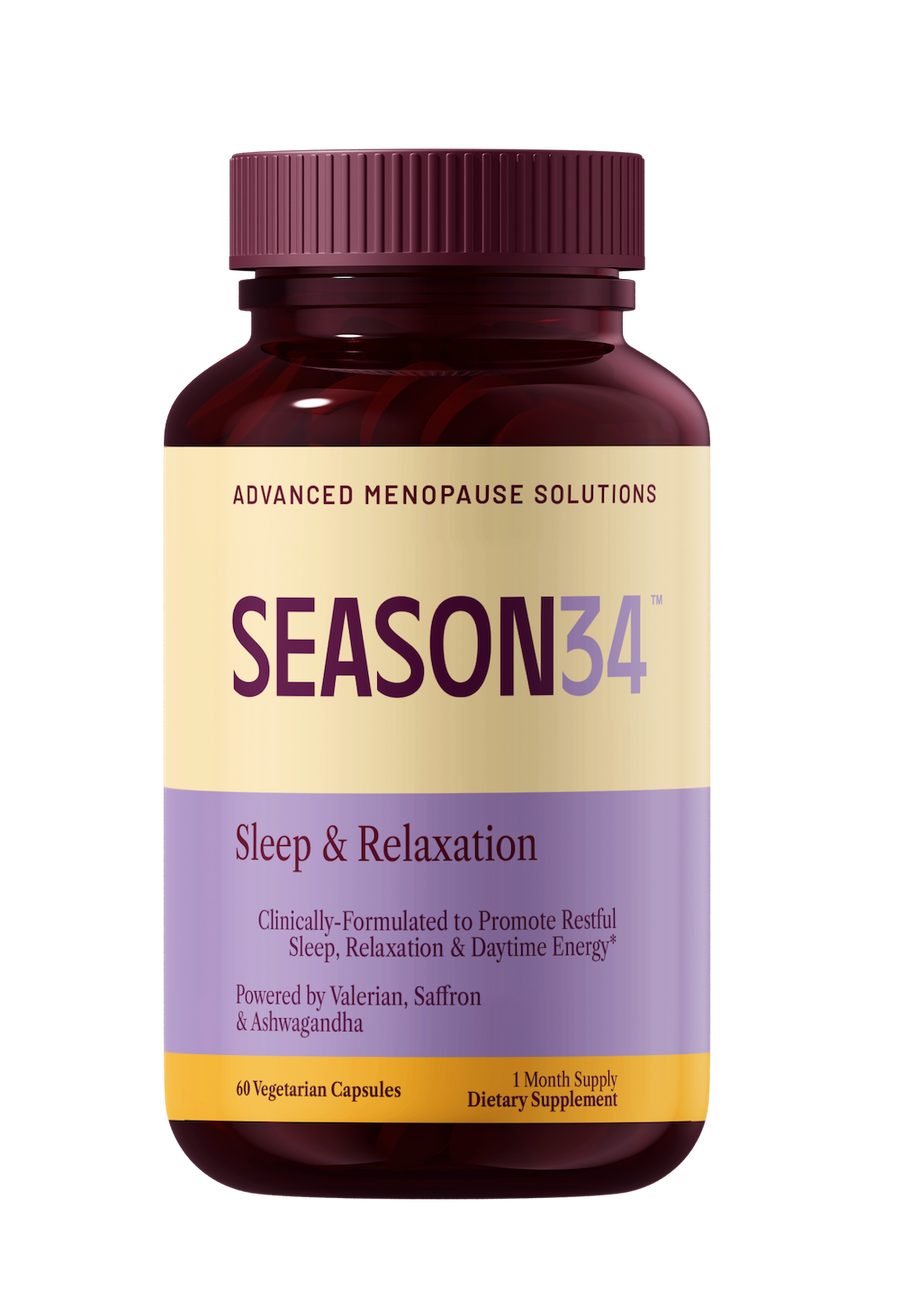SEASON34 Sleep & Relaxation bottle, hormone-free and melatonin-free menopause sleep supplement.