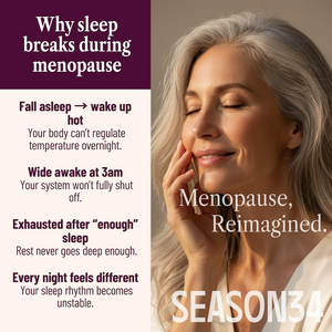 Advertisement for Season34 menopause product with text about sleep issues during menopause and a woman with gray hair.