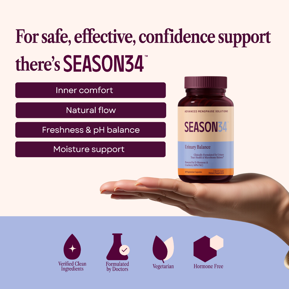 Supplement bottle labeled 'Season34' on a multicolored background