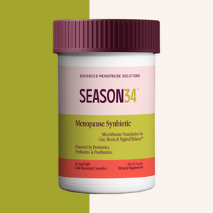 SEASON34 Menopause Synbiotic bottle — daily pre + pro + postbiotic microbiome support for menopause.