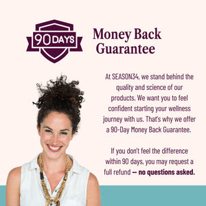 Promotional graphic with a woman and text about a 90-Day Money Back Guarantee from SEASON34.